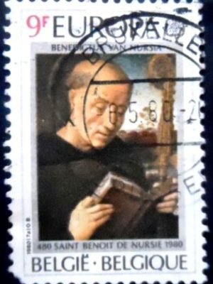 Selo postal da Bélgica de 1980 St. Benedict of Nursia by Hans Memlin U