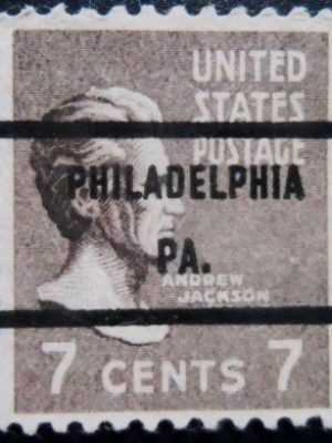 Selo postal dos Estados Unidos de 1938 Andrew Jackson 7 U Philadelphia