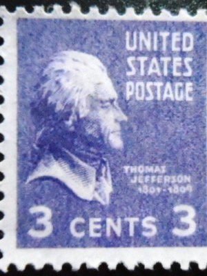 Selo postal dos Estados Unidos de 1938 Thomas Jefferson 3 U Dr