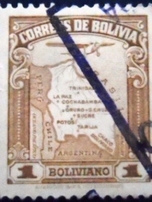 Selo postal da Bolívia de 1935 Map and aircraft 1 U
