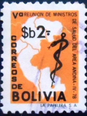Selo postal da Bolívia de 1978 Map and Rod of Asclepius 2 U