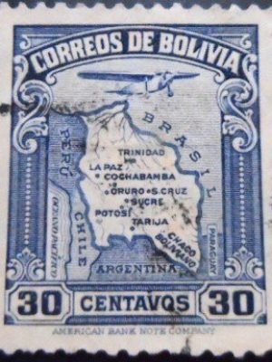 Selo postal da Bolívia de 1935 Map of Bolivia 30 U