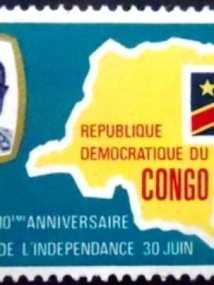 Selo postal da Rep. Democrática do Congo de 1970 Mobutu mapa e bandeira M