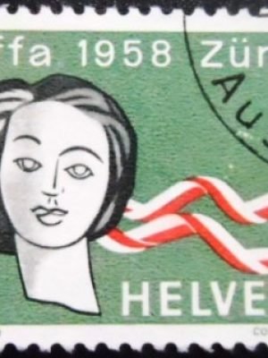 Selo postal da Suiça de 1958 Woman's Head with Country Color Ribbons U