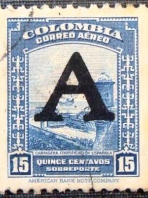 Selo postal da Colômbia de 1950 Spanish Fortification Cartagena