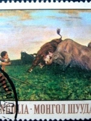 Selo postal da Mongólia de 1969 Bull fight