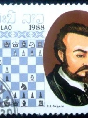 Selo postal do Laos de 1988 Ruy López de Segura