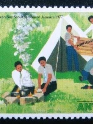 Selo postal de Antígua de 1977 Scouts Camping