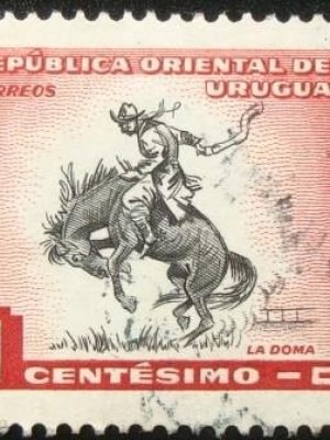 Selo postal do Uruguai de 1954 Gaucho breaking-in horse