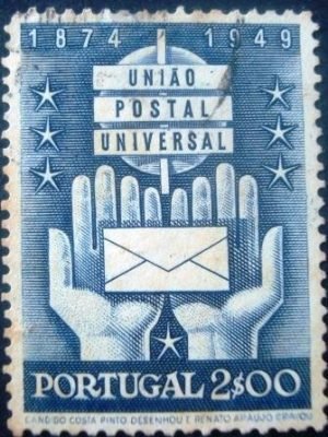 Selo postal de Portugal de 1949 Hands with Letter 2 U