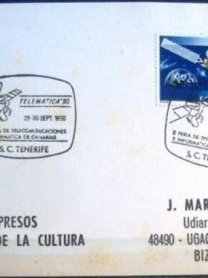 Selo postal da Espanha de 1990 Hispasat satellite and Earth