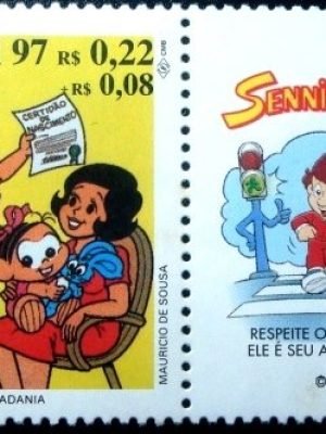 Selo do Brasil de 1997 Registro Civil com vinheta Senninha Respeite o sinal