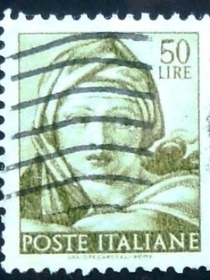 Selo postal da Itália de 1961 Head of the Delphic Sibyl