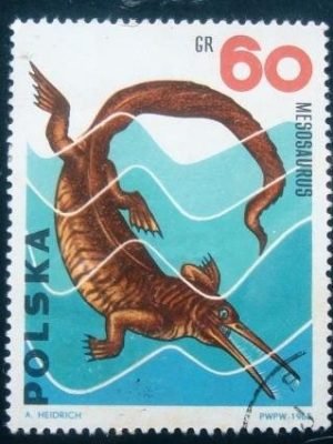 Selo postal da Polônia de 1965 Mesosaurus