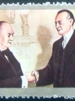 Selo postal do Sharjah de 1972 Konrad Adenauer and Winston Spencer Churchill