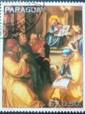 Selo postal do Paraguai de 1982 Christ in the Temple