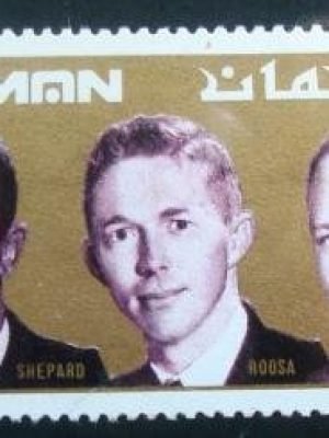 Selo postal do Emirado de Ajman Apollo 14 Shepard Roosa and Mitchell