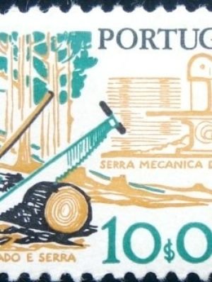 Selo postal de Portugal de 1979 Axe saw and mechanical saw