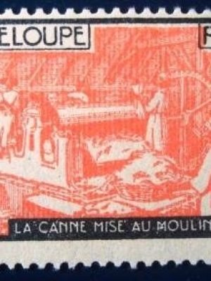 Selo postal de Guadalupe de 1928 Sugar cane in the mill