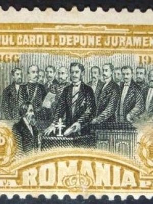 Selo postal da Romênia de 1906 Karl I declaring the constitution